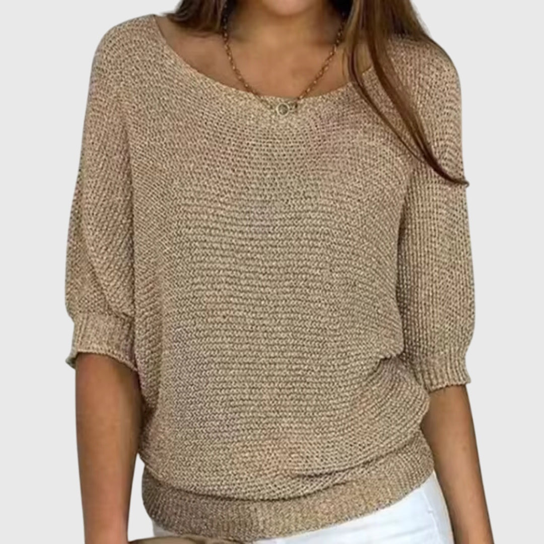 Women's Knit Sweater Boat Neck 3/4 Sleeve Lightweight Casual Pullover