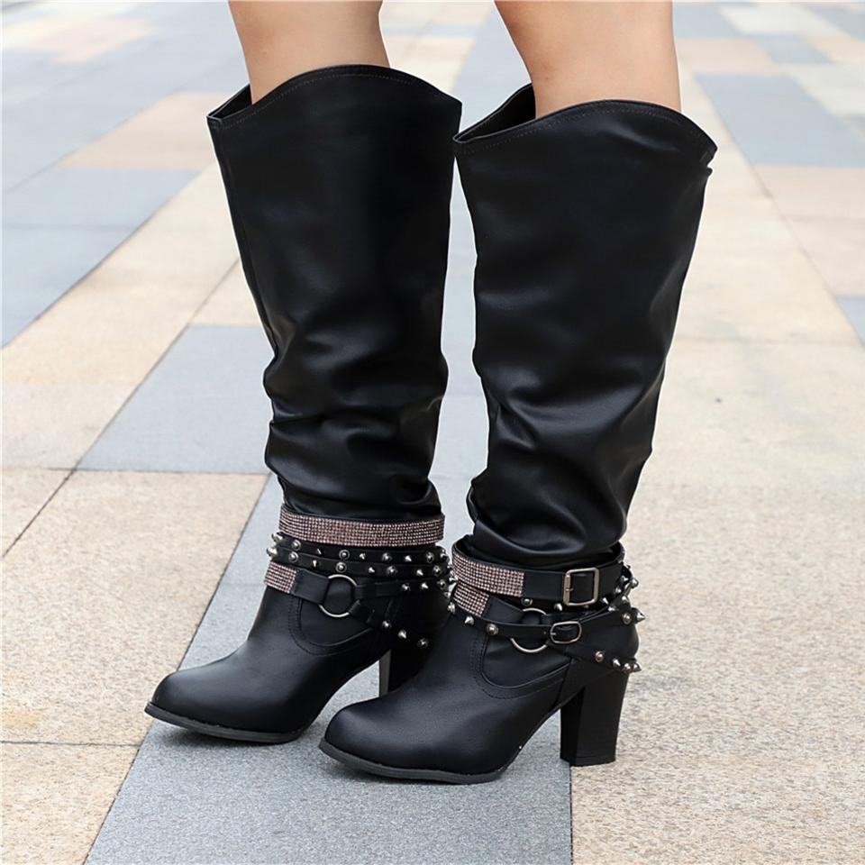 Women's Slouch Knee High Boots Studded Strap Buckle Block Heel Western