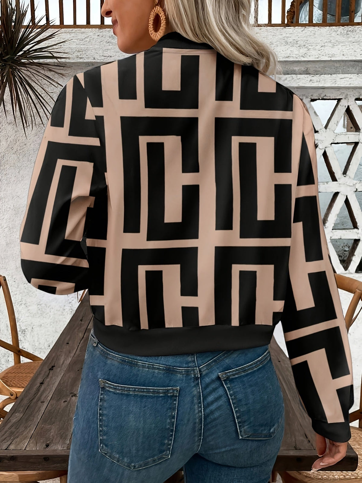 Women's Bomber Jacket Geometric Print Zip-Up Long Sleeve Ribbed Cuff Casual Wear