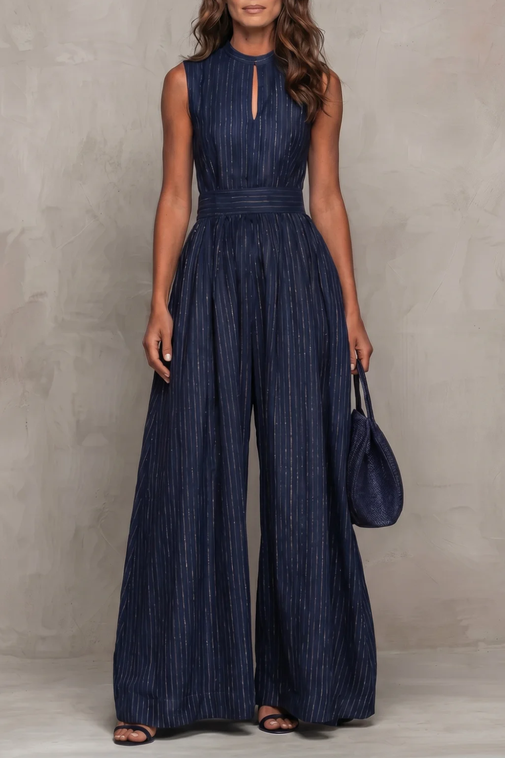 Women's Wide Leg Jumpsuit Sleeveless Keyhole Neck Striped Pinstripe