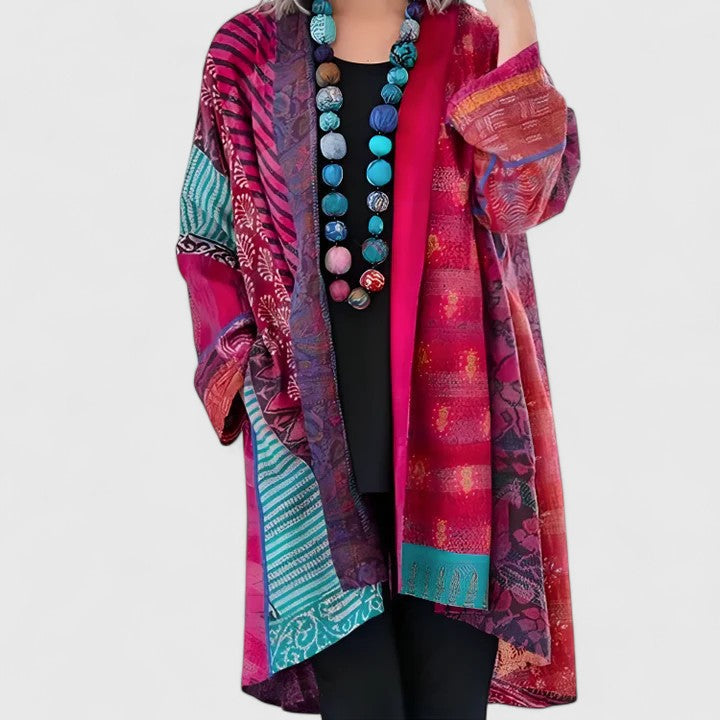 Women's Open Front Cardigan Long Sleeve Patchwork Print Draped Casual Kimono