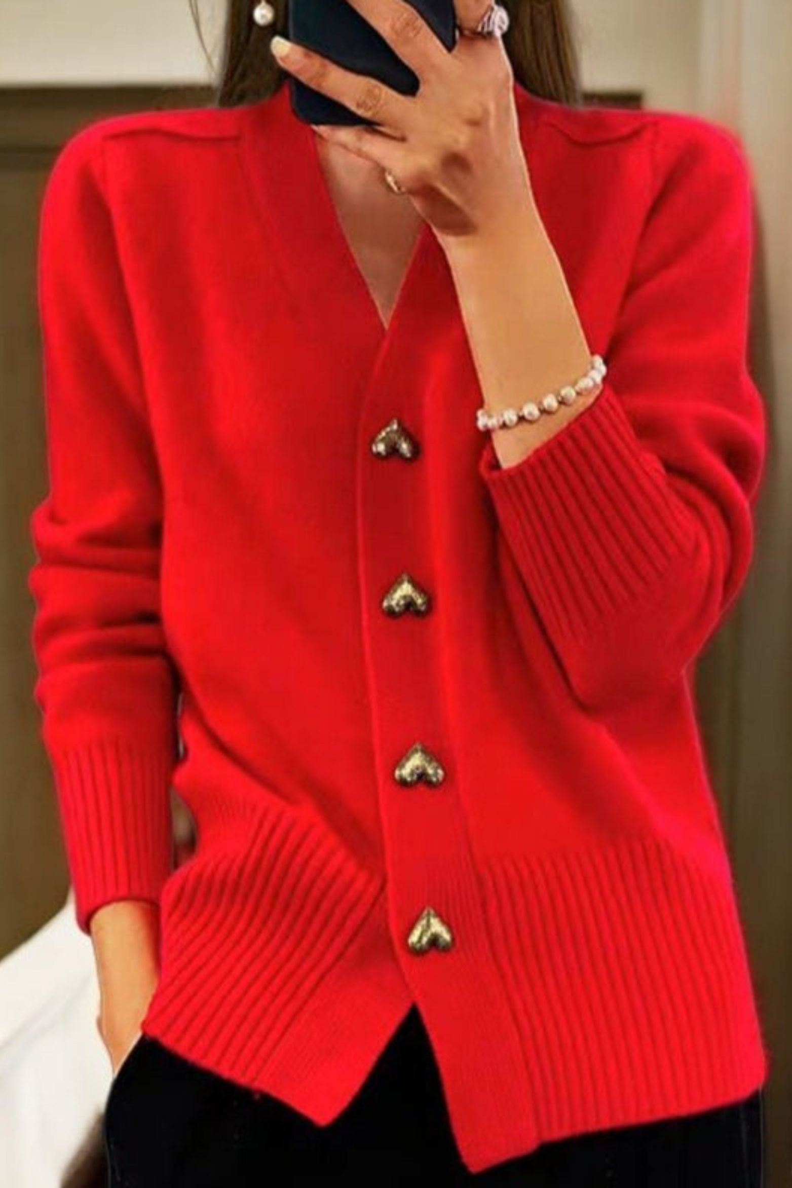 Women's Heart Button Cardigan V-Neck Long Sleeve Ribbed Knit Sweater