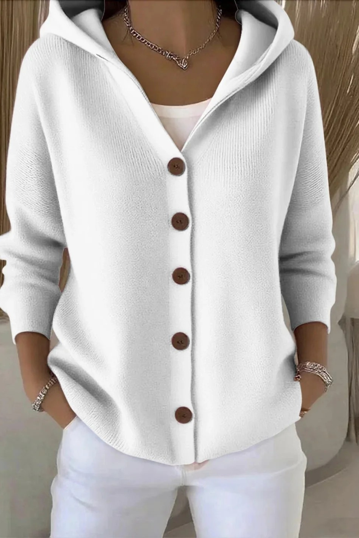Women's Hooded Button-Front Cardigan Long Sleeve V-Neck Knit Everyday