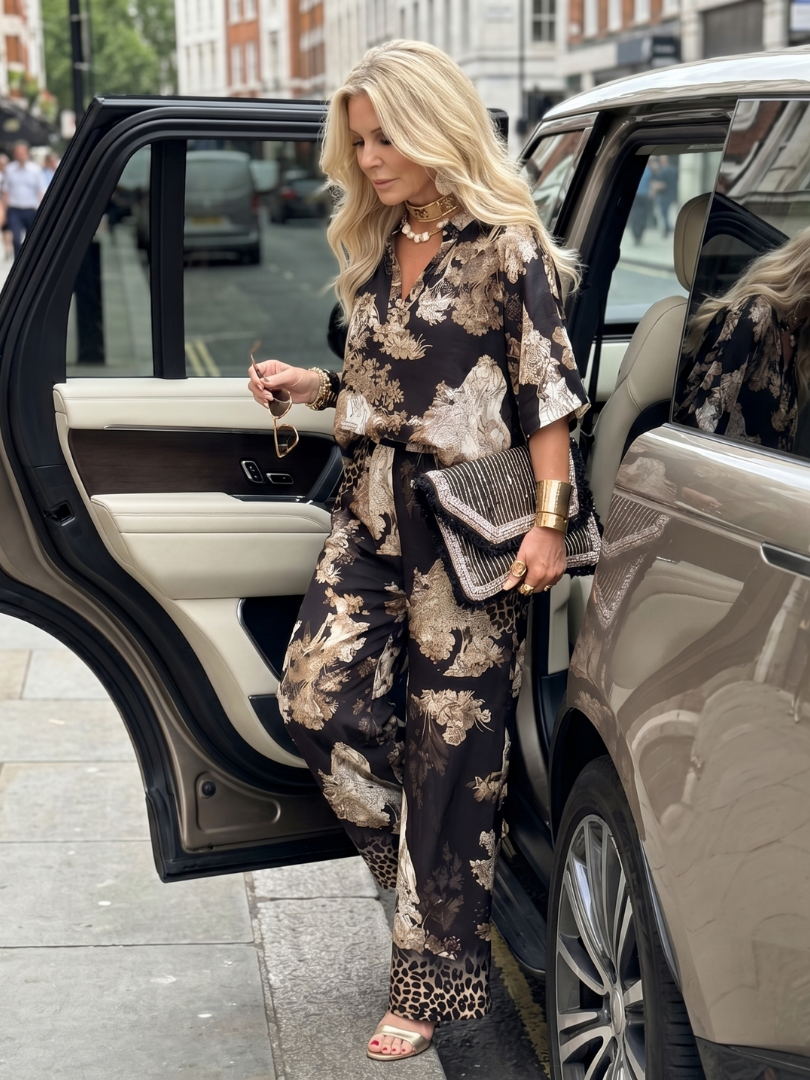Women's Wide Leg Pants Set V-Neck Short Sleeve Floral Leopard Print 2 Piece Outfit