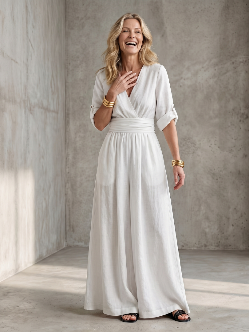 Women's Cross Front Wide Leg Jumpsuit V-Neck Rolled Sleeve Belted Casual