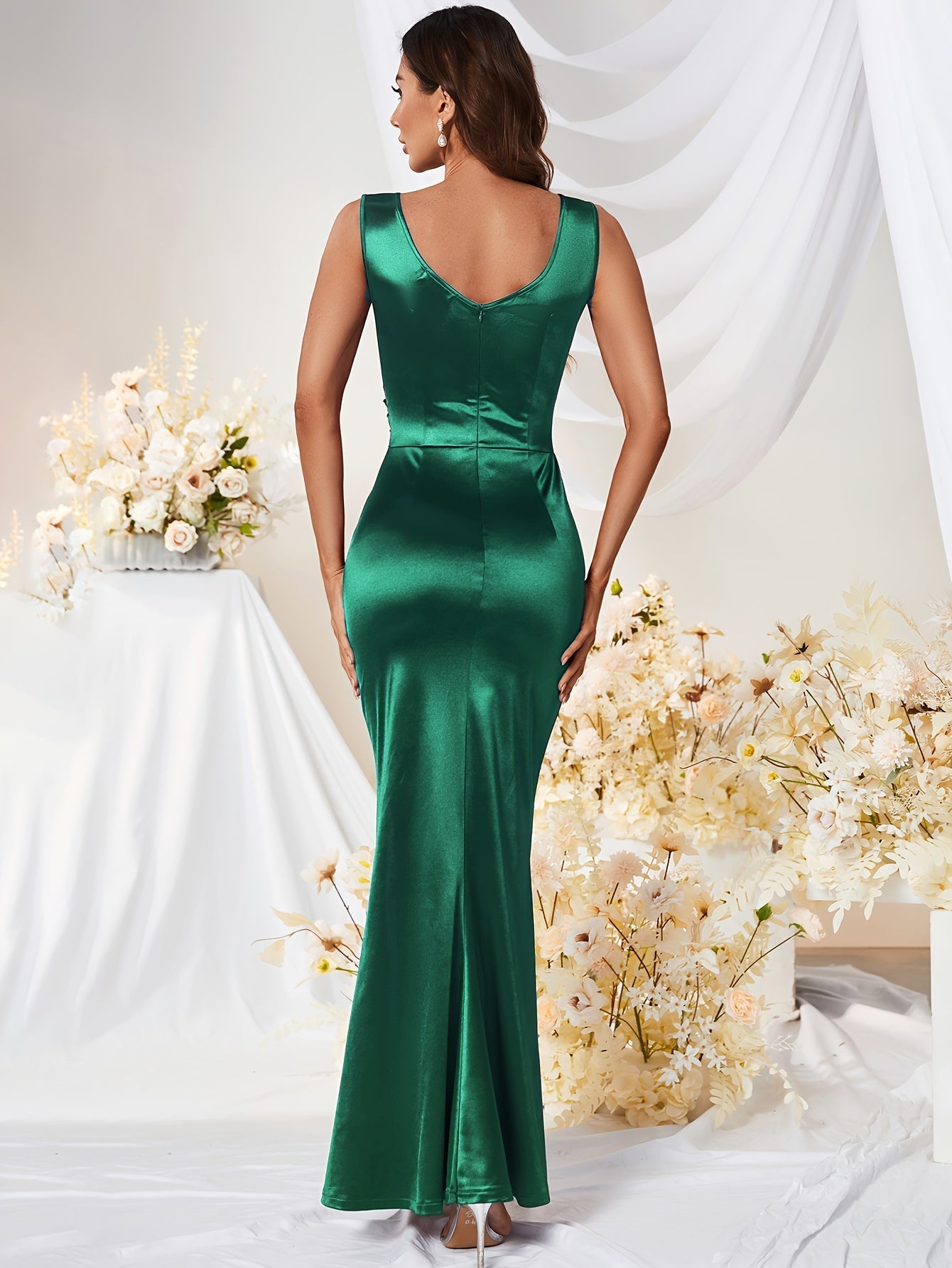Women's Satin Maxi Dress Deep V-Neck Sleeveless Ruched Side Slit Bodycon Party Gown