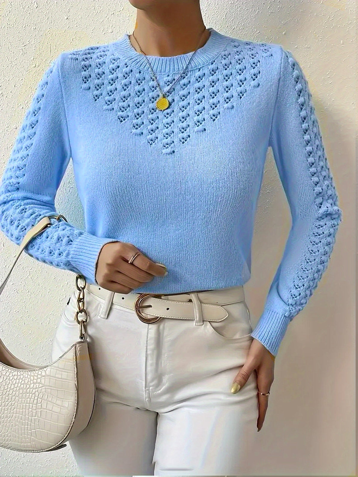 Women's Pointelle Crew Neck Sweater Long Sleeve Knit Casual Pullover