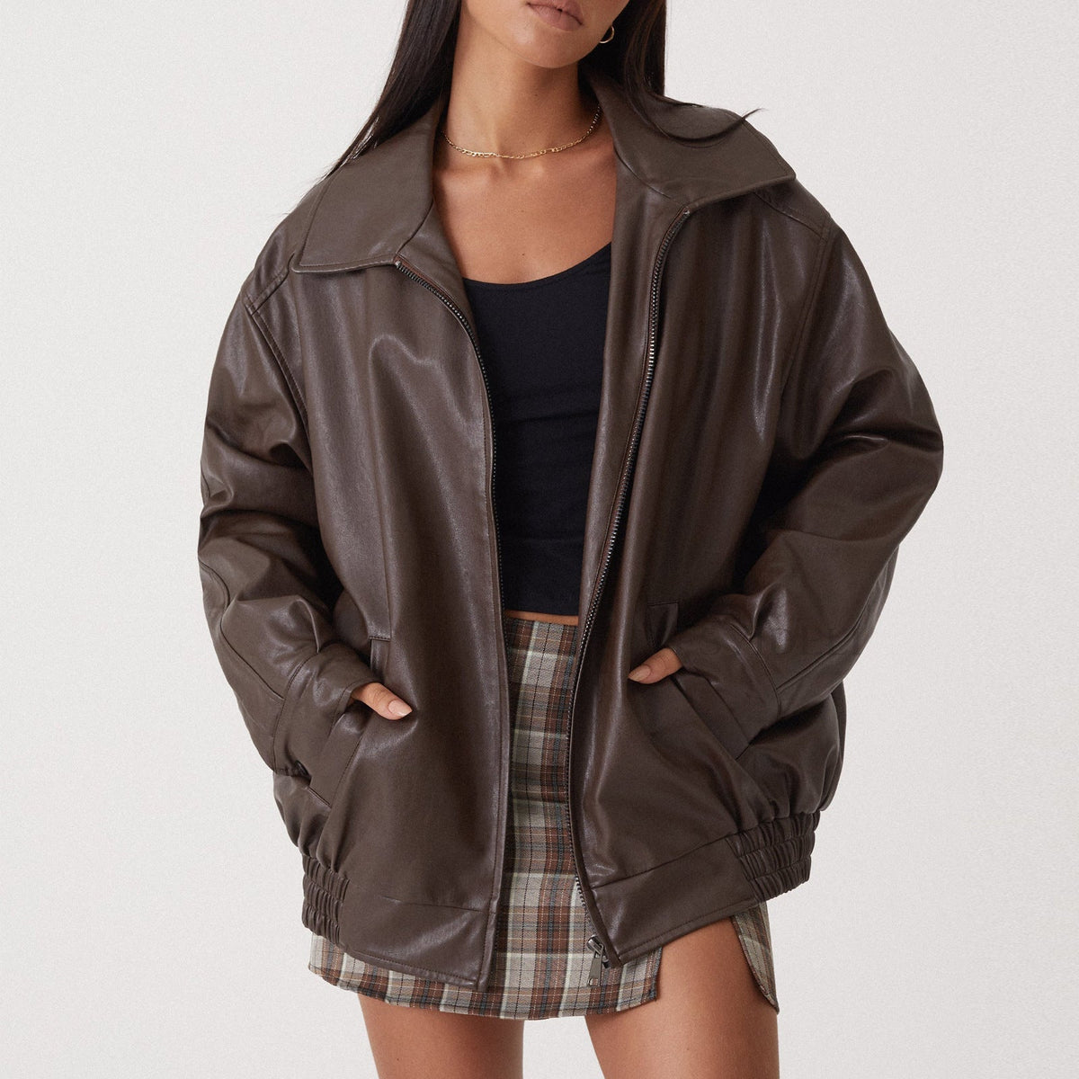 Women's Oversized Bomber Jacket Zip-Front Collared Long Sleeve Casual