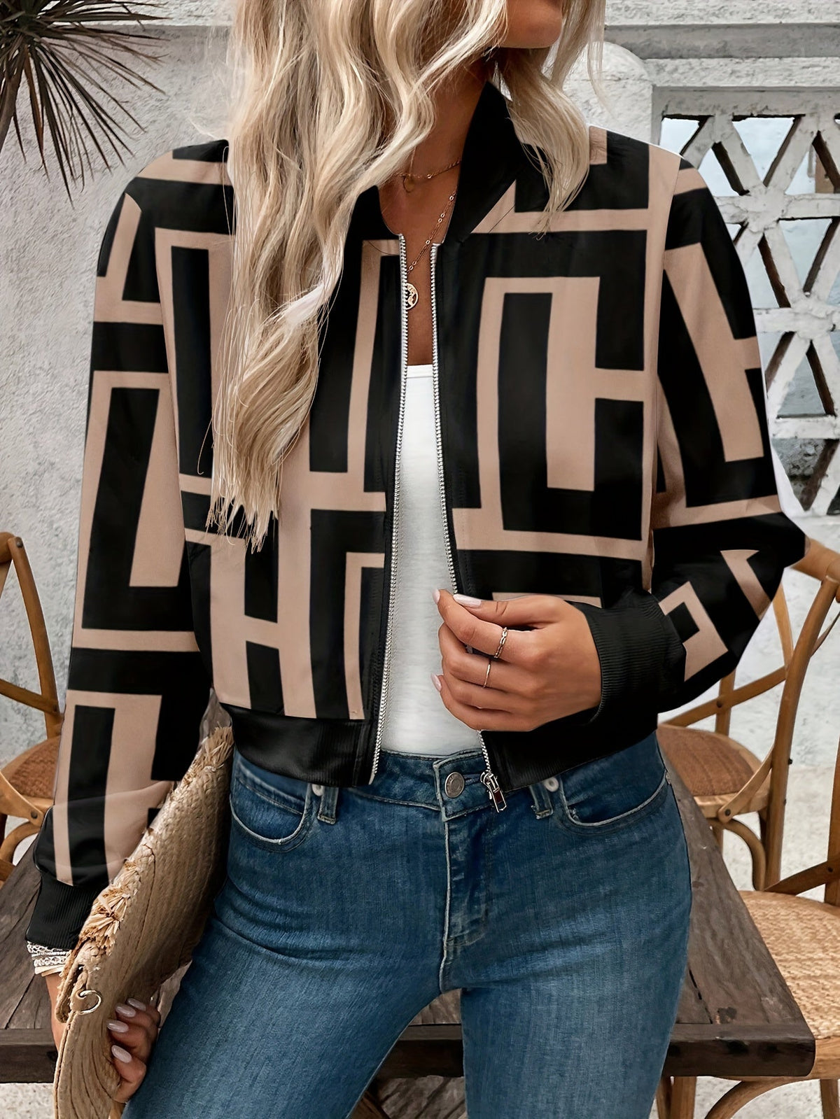 Women's Bomber Jacket Geometric Print Zip-Up Long Sleeve Ribbed Cuff Casual Wear