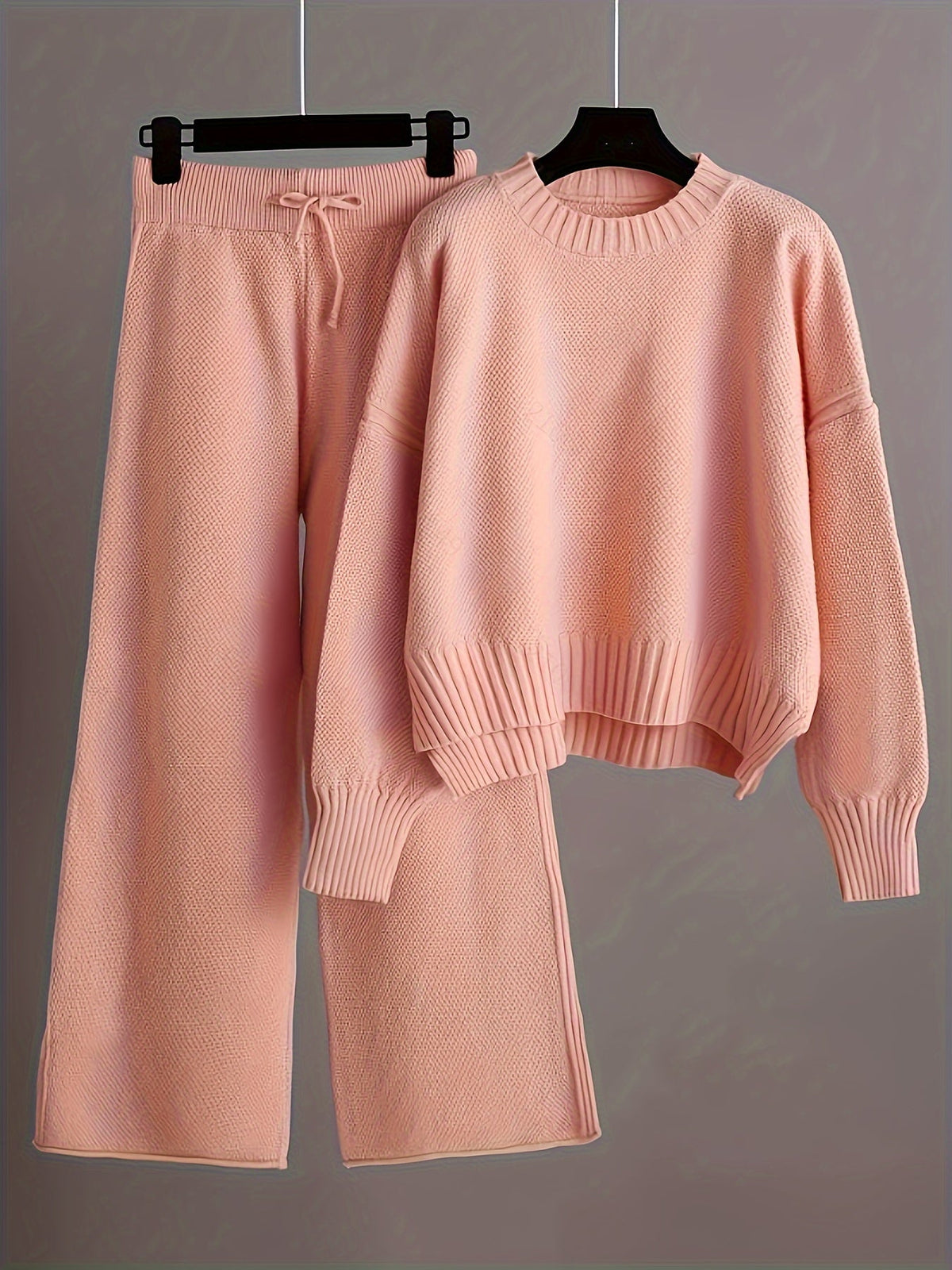 Women's Knit Sweater and Wide-Leg Pants Set Round Neck Long Sleeve Drawstring Casual