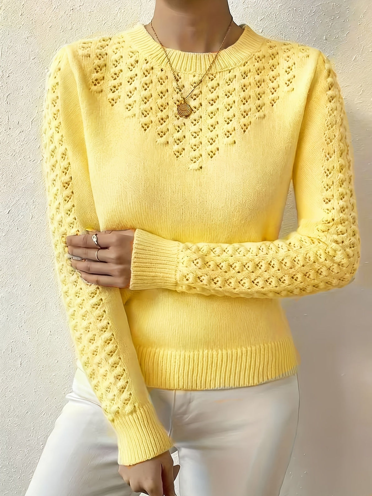 Women's Pointelle Crew Neck Sweater Long Sleeve Knit Casual Pullover