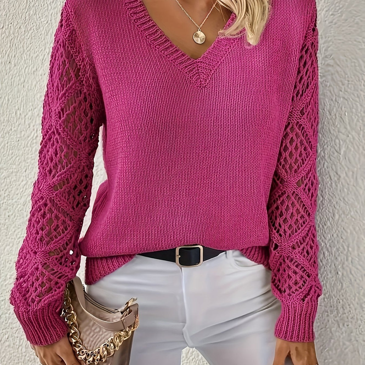 Women's V-Neck Pullover Sweater Crochet Sleeve Long Sleeve Knit Casual