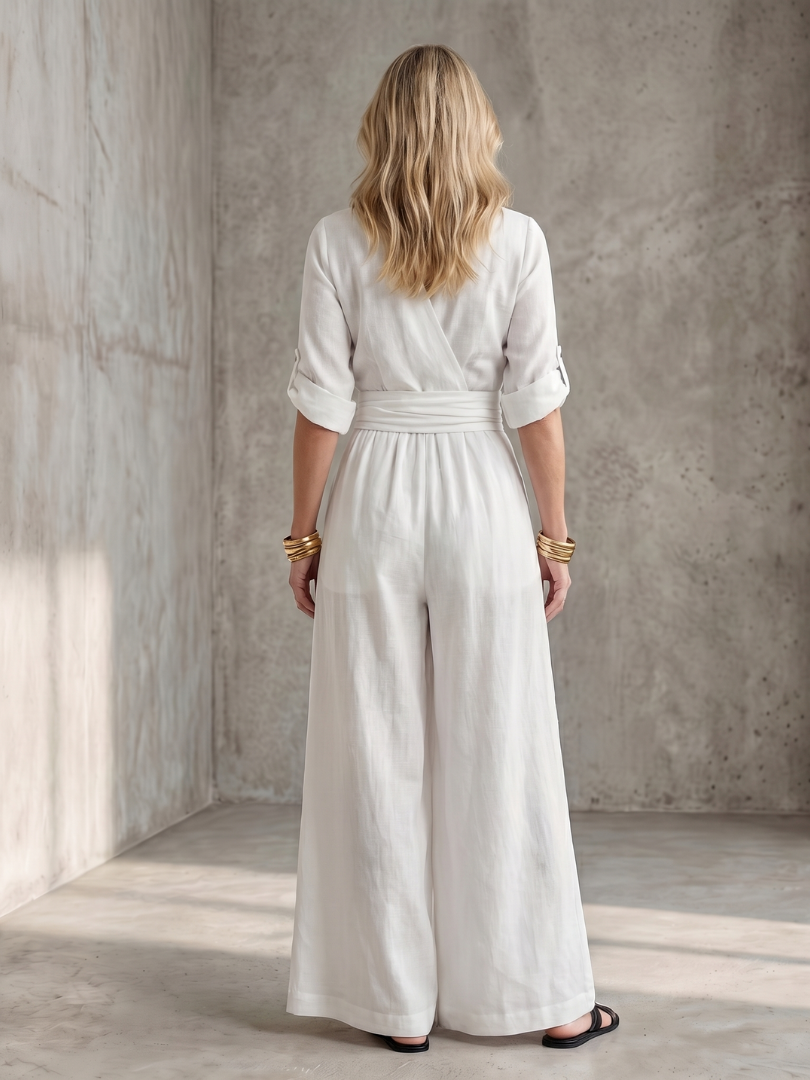 Women's Cross Front Wide Leg Jumpsuit V-Neck Rolled Sleeve Belted Casual