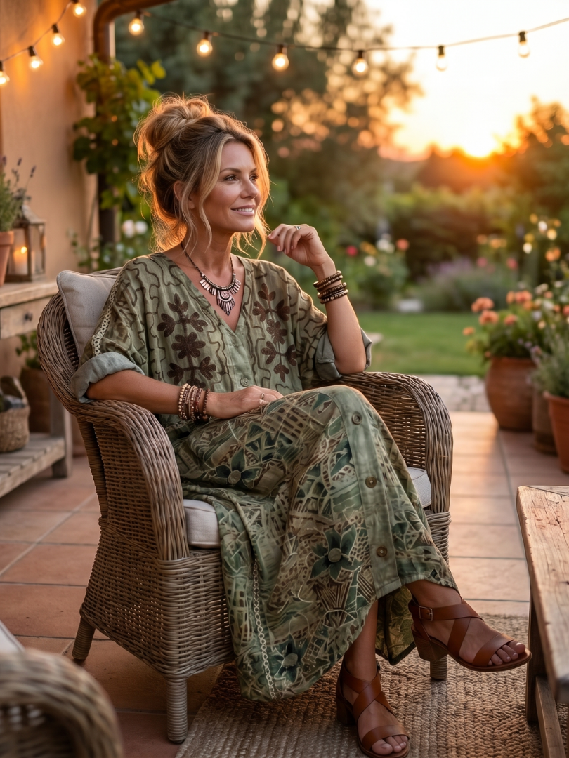Women's Embroidered Midi Dress V-Neck Button Front Pocket Boho Floral Olive Green