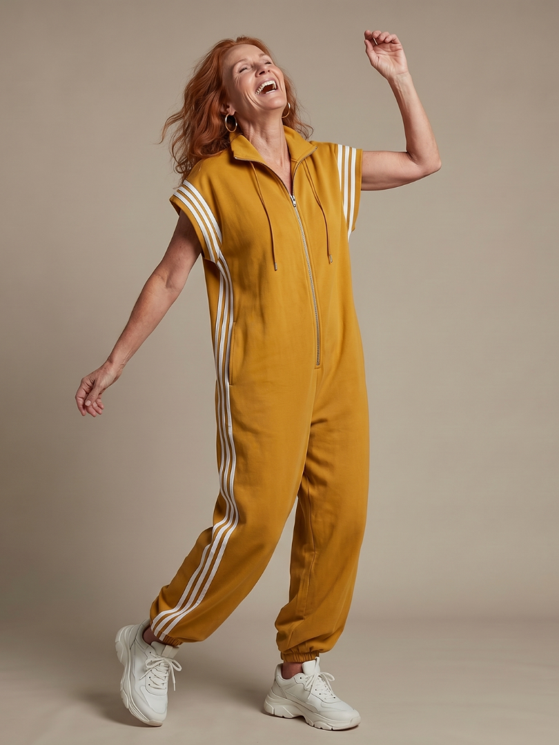 Women's Zip Front Jumpsuit Stripe Panel Sleeveless High Neck Casual