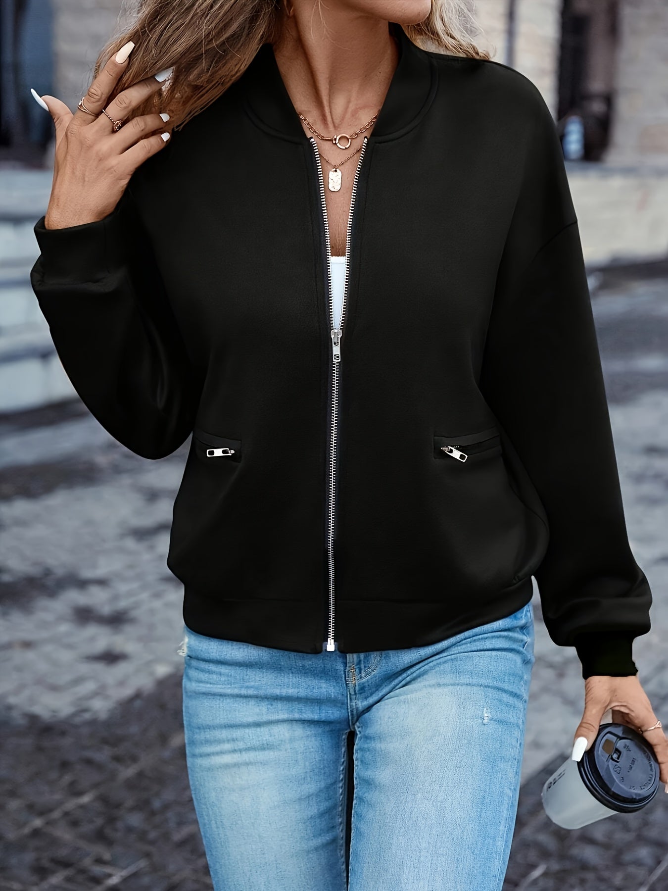 Women's Bomber Jacket Solid Black Zip-Up Stand Collar Long Sleeve Pocket Casual Outerwear