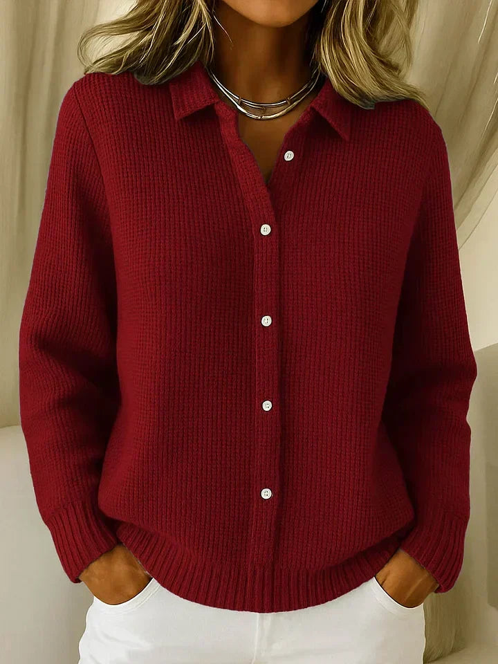 Women's Waffle Knit Button-Down Shirt V-Neck Long Sleeve Collared Casual Top