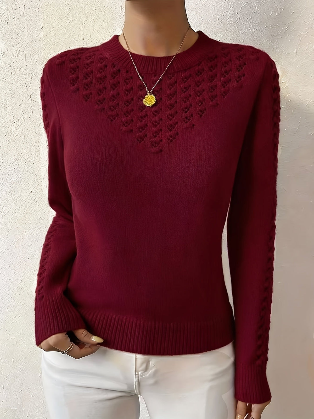 Women's Pointelle Crew Neck Sweater Long Sleeve Knit Casual Pullover