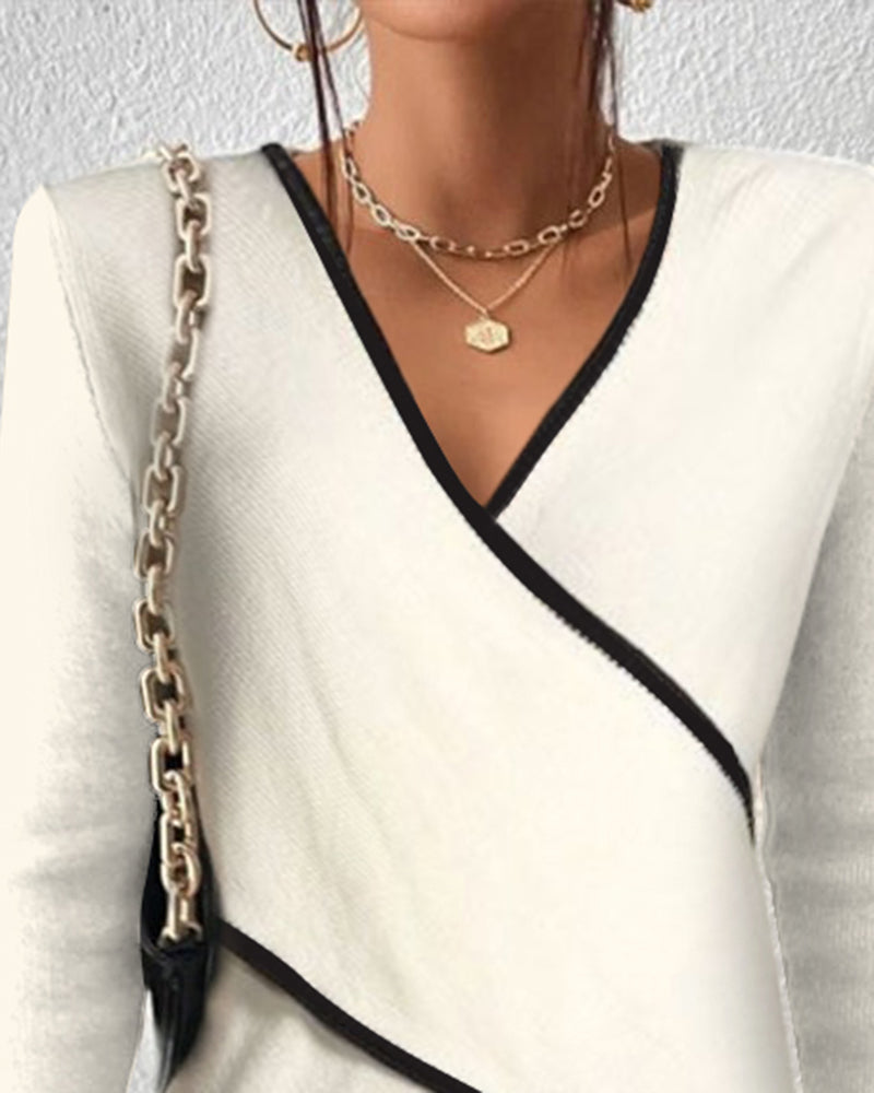 Women's V-Neck Wrap Knit Sweater Long Sleeve Contrast Trim Casual Top