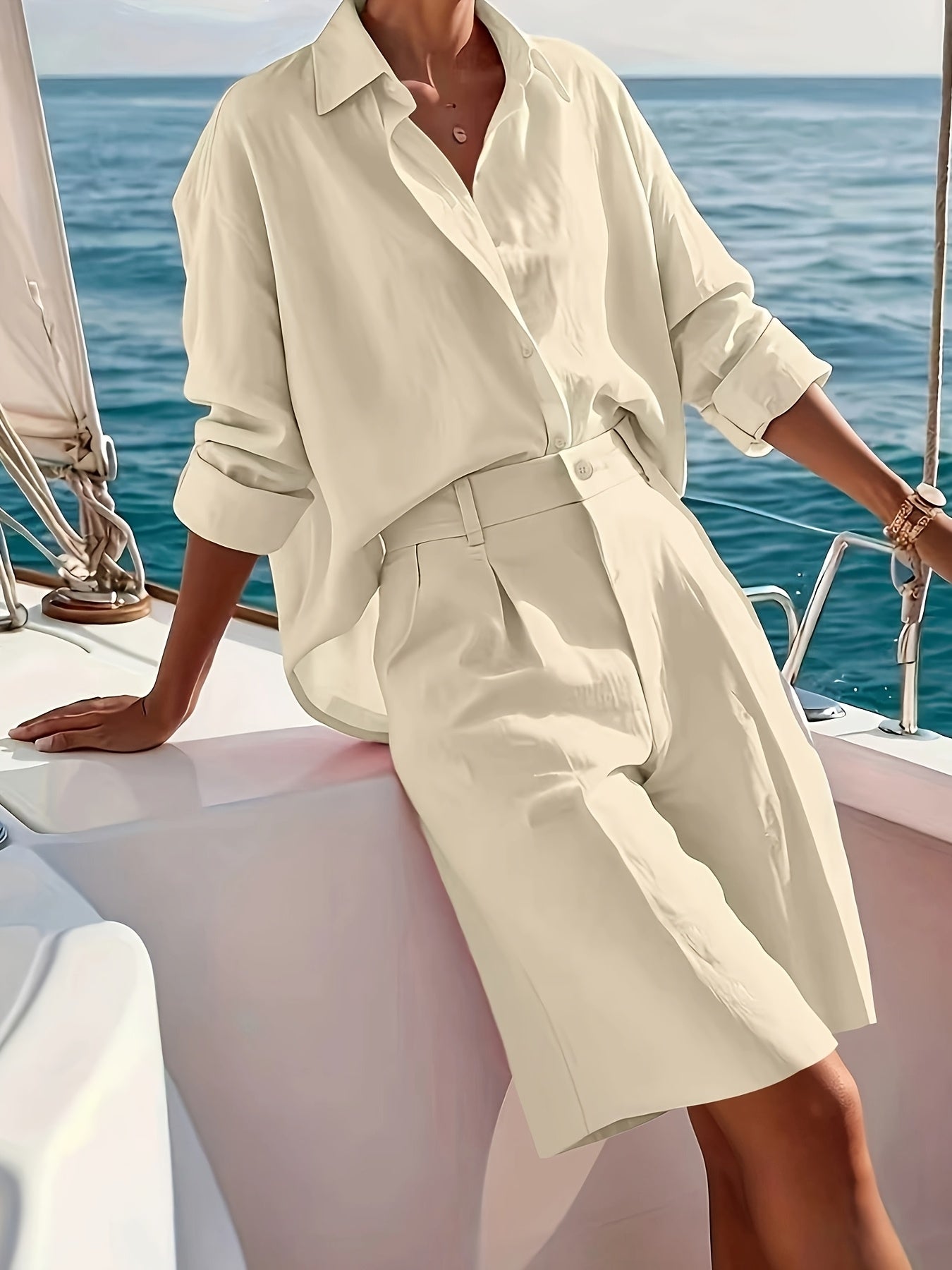 Women's Casual Set Solid Color Button-Up Shirt Long Sleeve Collared Bermuda Shorts