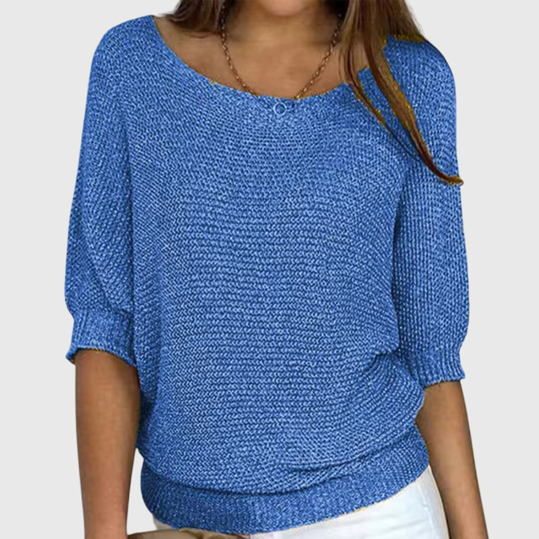 Women's Knit Sweater Boat Neck 3/4 Sleeve Lightweight Casual Pullover