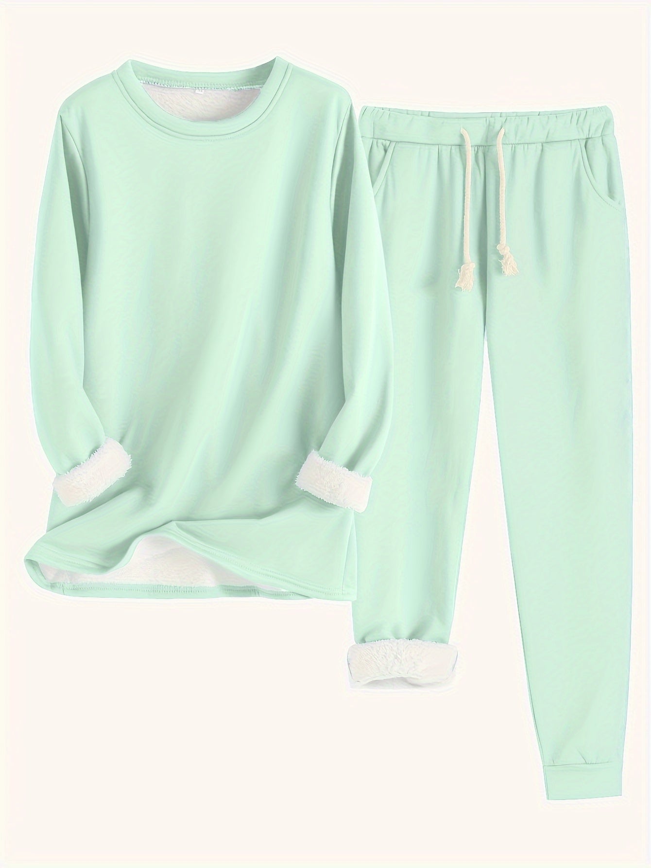 Women's Fleece-Lined Base Layer Set Round Neck Long Sleeve Top Drawstring Joggers Casual