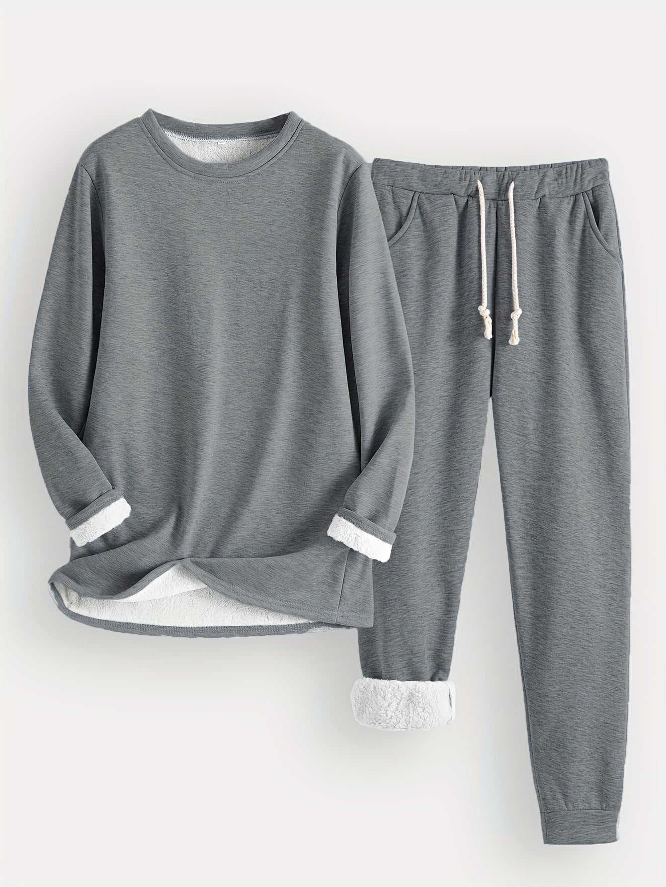 Women's Fleece-Lined Base Layer Set Round Neck Long Sleeve Top Drawstring Joggers Casual