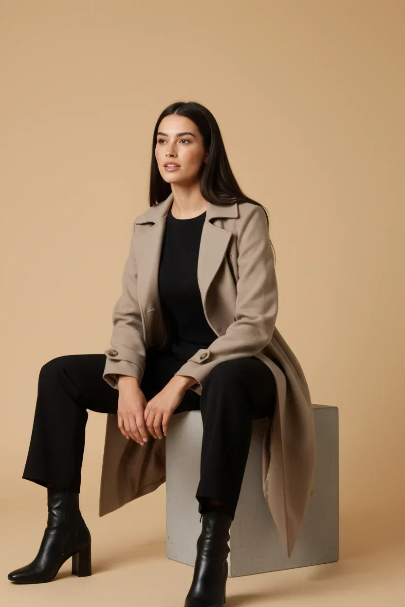 Women's Trench Coat Long Double-Breasted Belted Tailored Lined Winter Coat