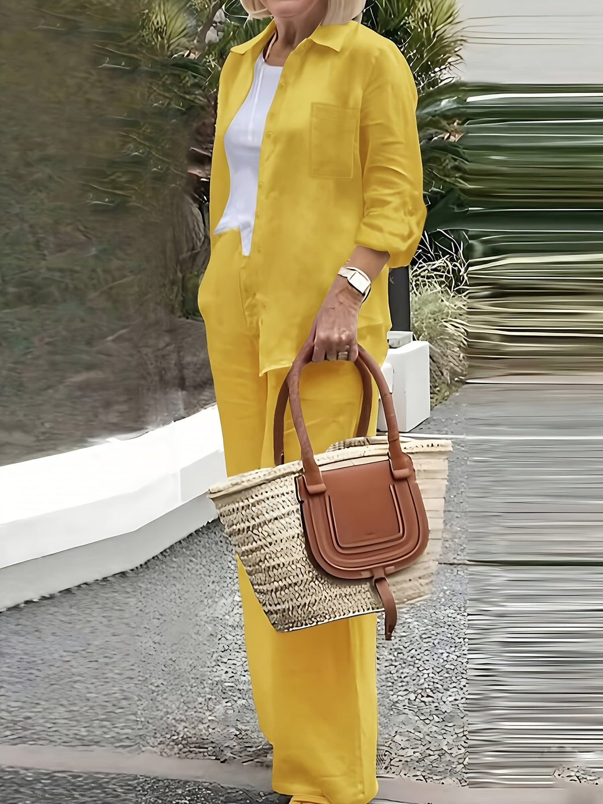 Women's Button Down Shirt and Wide-Leg Pants Set Collar Long Sleeve Slim Fit Casual Outfit