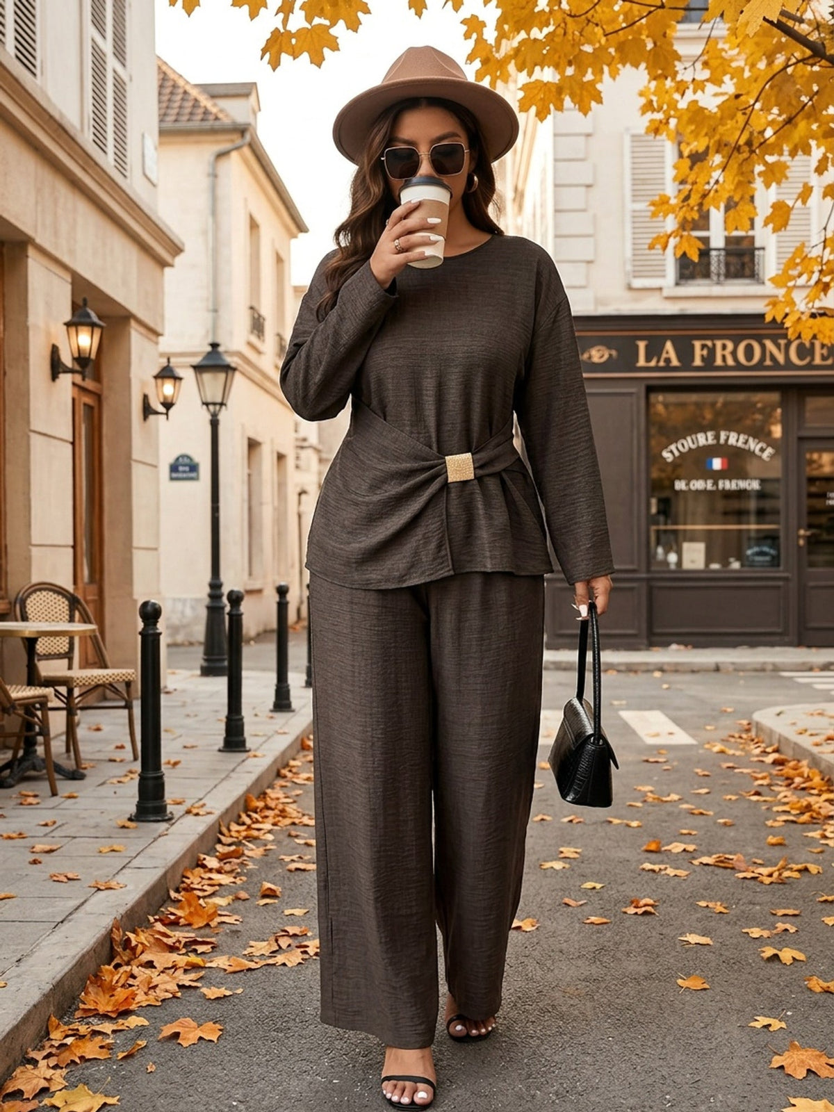 Women's Plus Size 2-Piece Set Waist-Cinching Top Round Neck Long Sleeve Wide-Leg Pants Casual