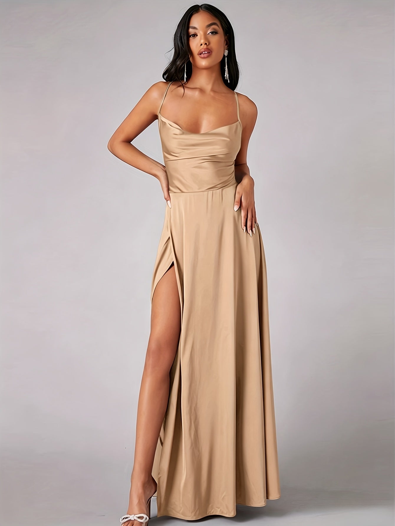 Women's Backless Maxi Dress Cowl Neck Spaghetti Strap Side Split Lace-Up Party Evening Gown