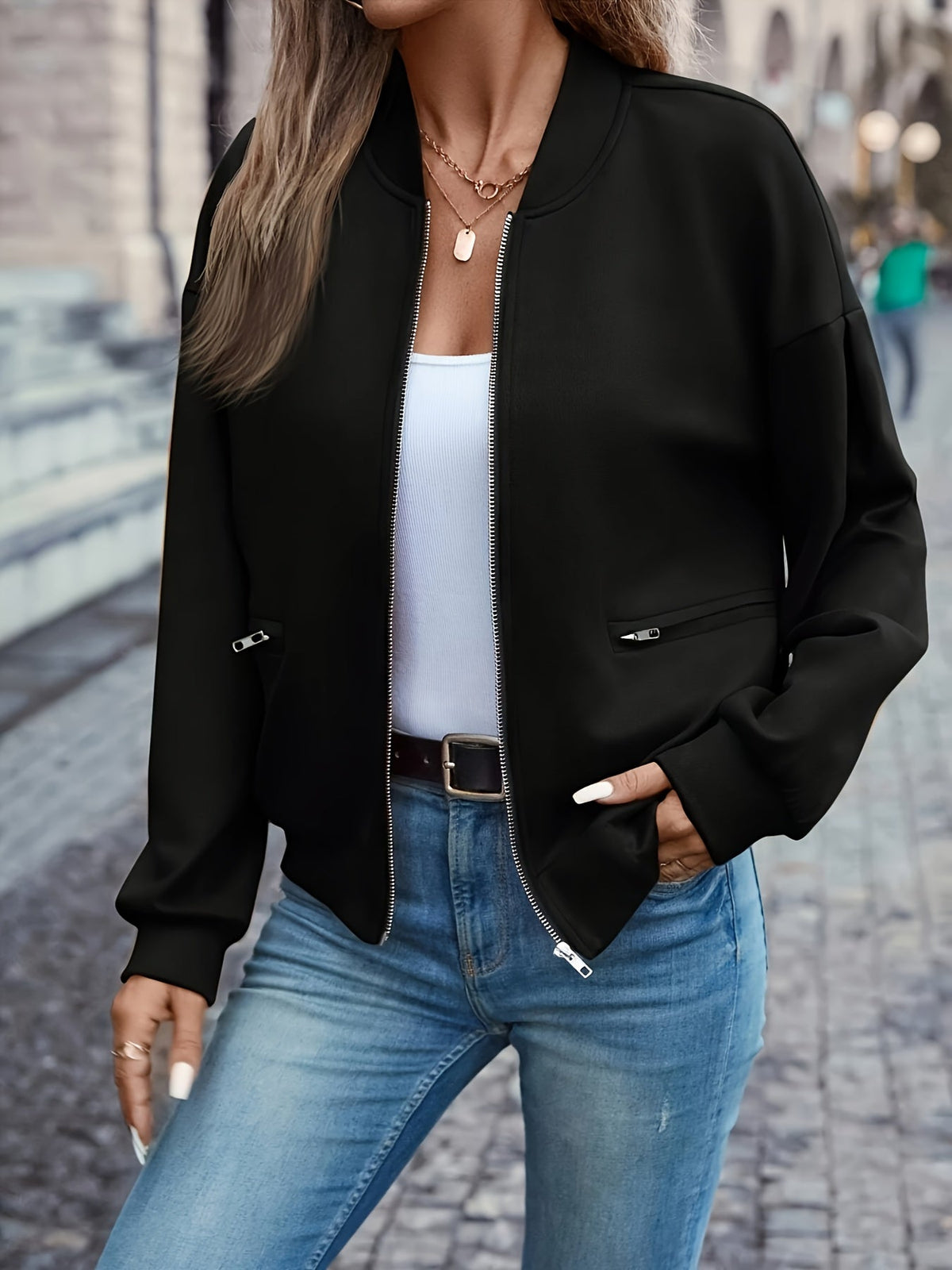 Women's Bomber Jacket Solid Black Zip-Up Stand Collar Long Sleeve Pocket Casual Outerwear