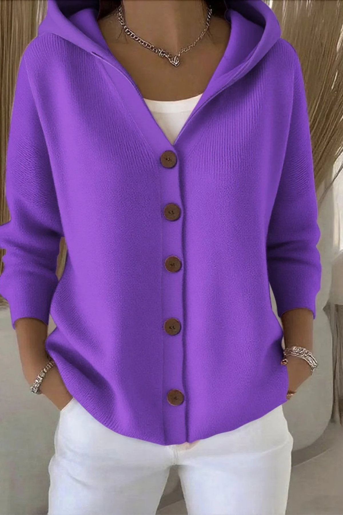 Women's Hooded Button-Front Cardigan Long Sleeve V-Neck Knit Everyday