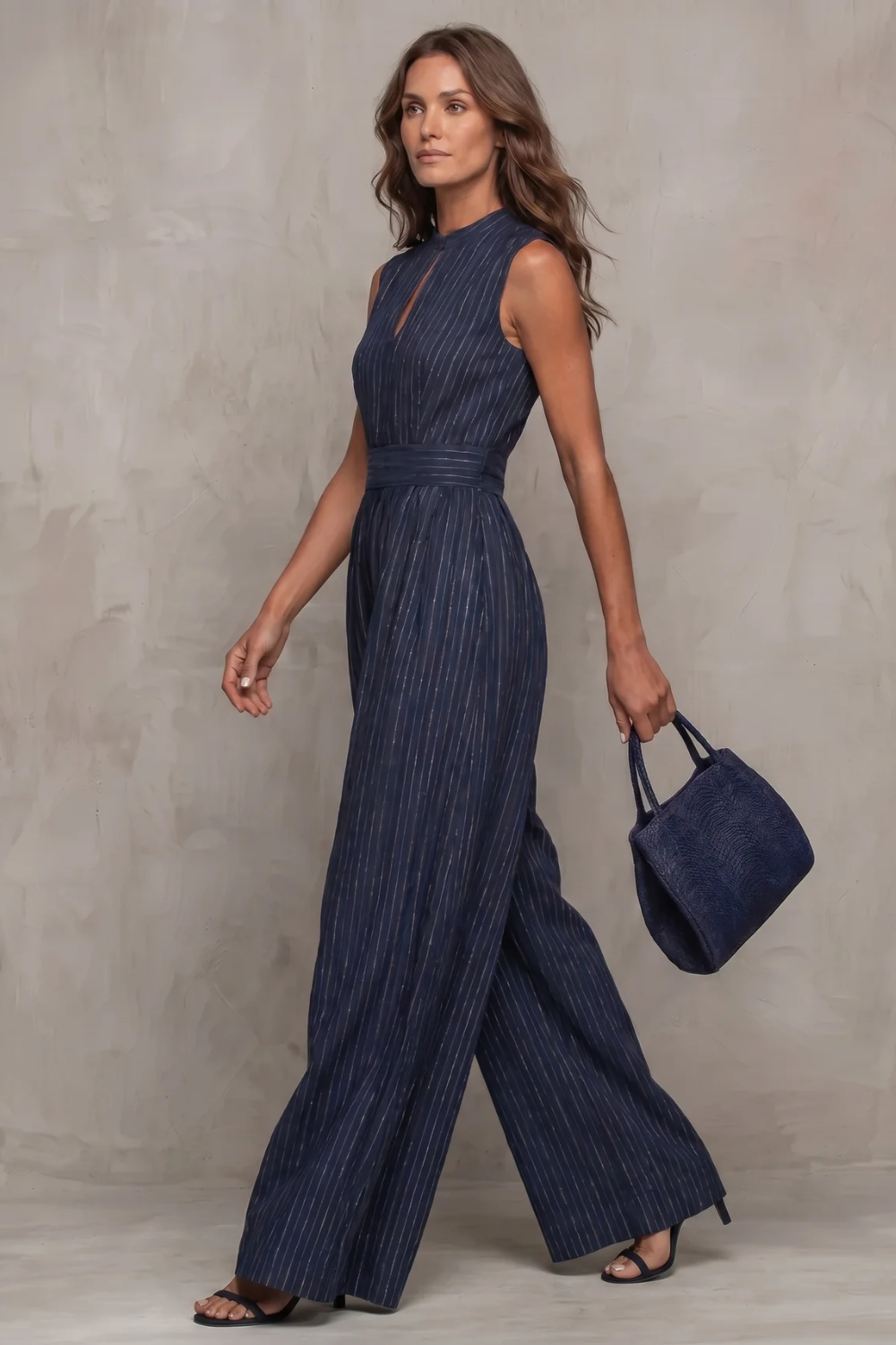 Women's Wide Leg Jumpsuit Sleeveless Keyhole Neck Striped Pinstripe