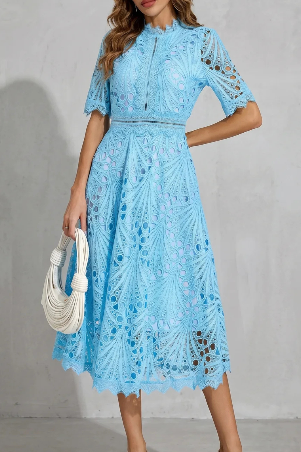 Women's Lace Midi Dress High Neck Short Sleeve Eyelet A-Line Cocktail Party