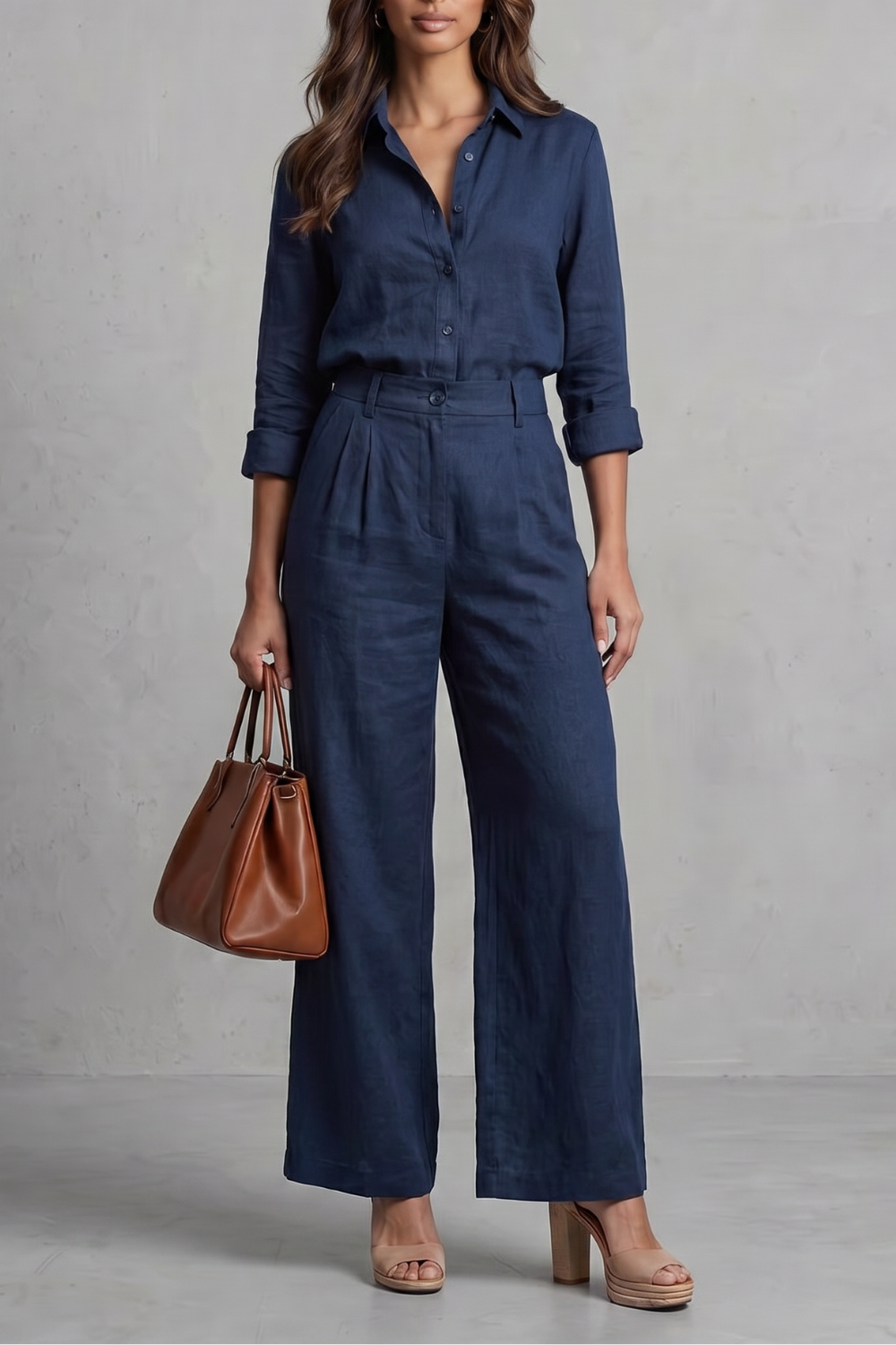 Women's Wide-Leg Co-Ord Set Linen Button-Up Shirt Cropped Pants Casual