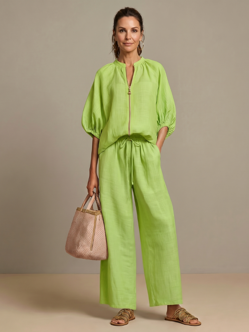 Women's Zip Front Blouson Top Wide Leg Pants Set Light Blue 3/4 Sleeve Casual