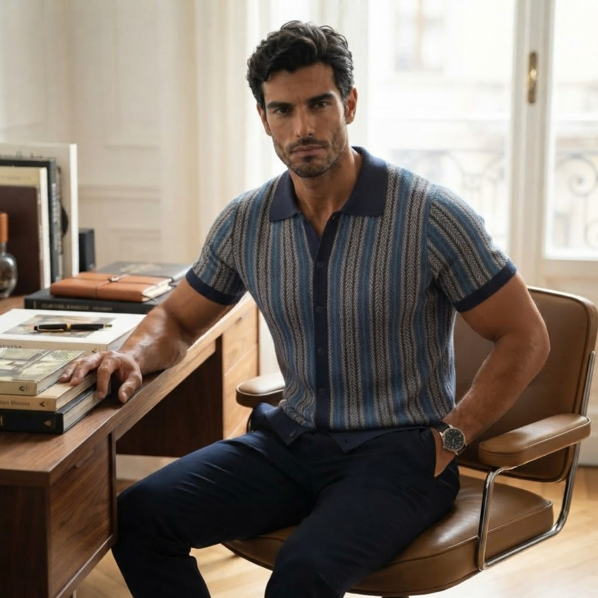 The Montalcino Men’s Retro Striped Knit Lightweight Polo Shirt