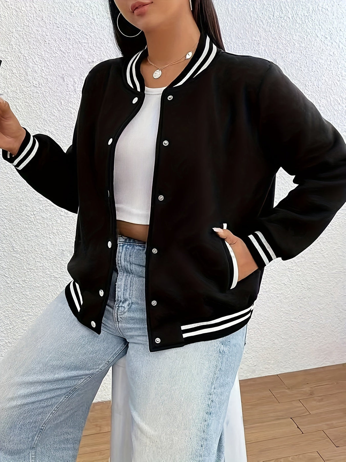 Women's Bomber Jacket Striped Trim Ribbed Drop Shoulder Snap Button Closure Casual