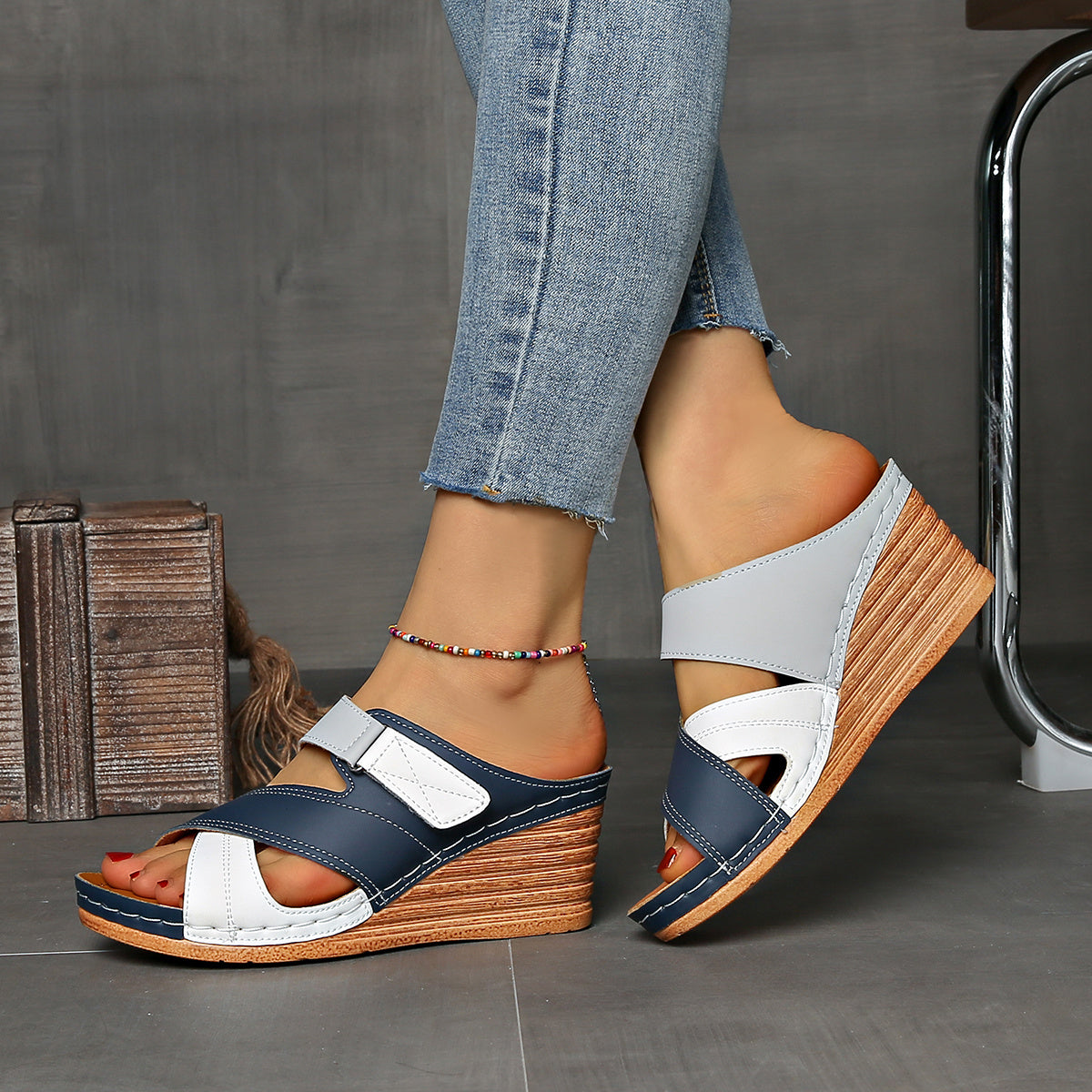 Women's Wedge Slides Two-Tone Cross Strap Open Toe Summer Sandals