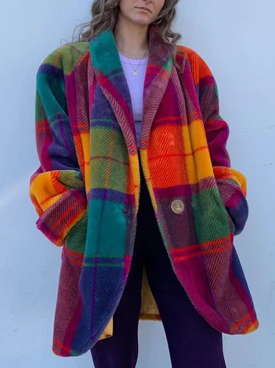 Women's Plaid Winter Coat Oversized Long Lapel Button Front Outerwear