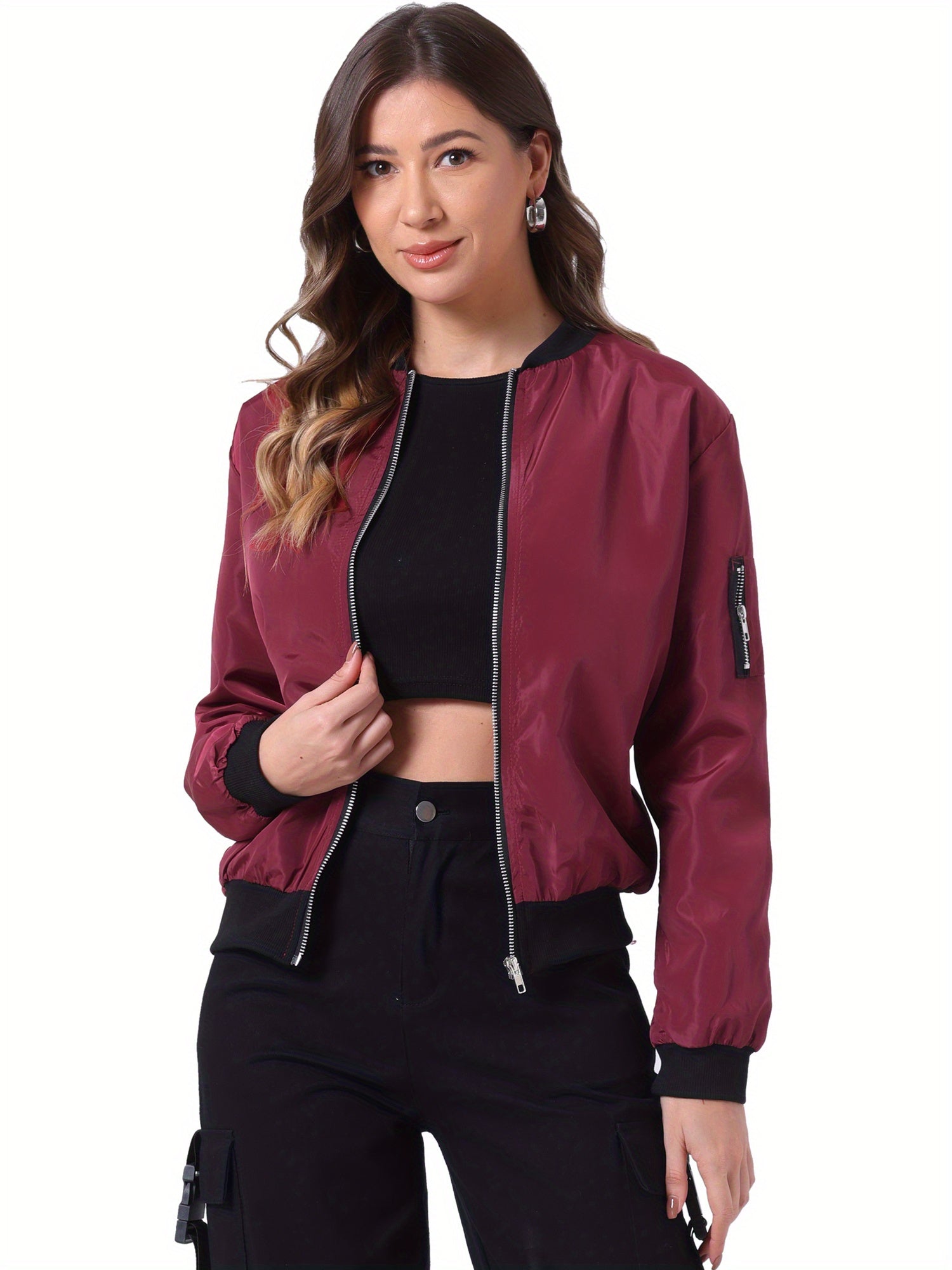 Women's Bomber Jacket Zip Up Stand Collar Long Sleeve Ribbed Cuff Casual Outerwear
