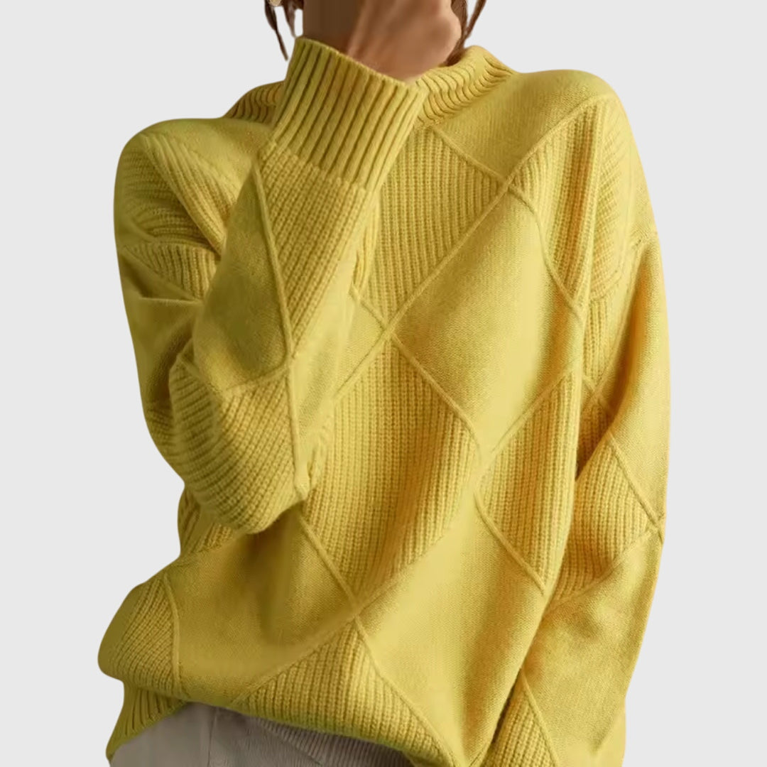 Women's Turtleneck Sweater Argyle Textured Long Sleeve Knit Pullover Winter