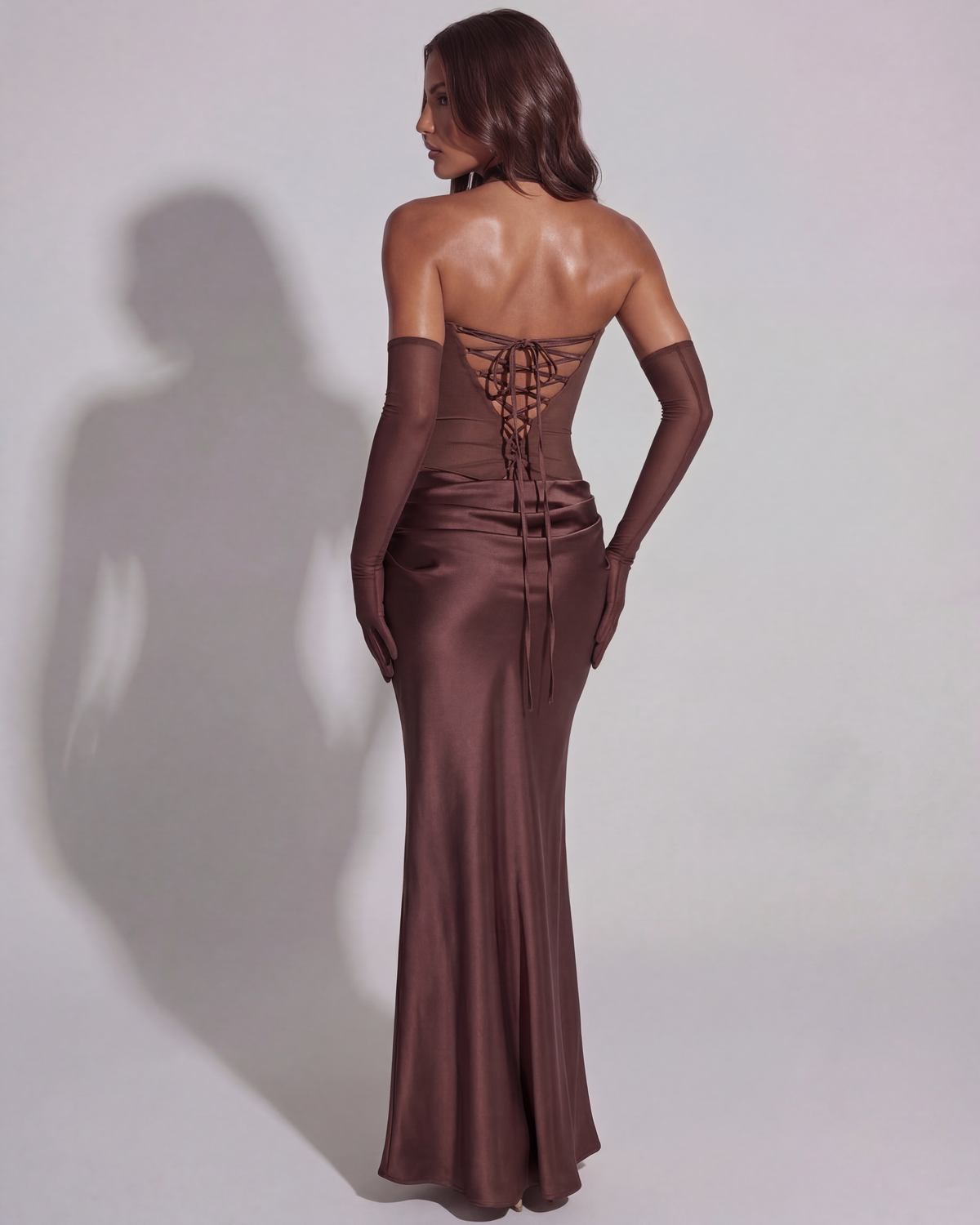 Women's Cowl Neck Satin Maxi Dress Strapless Corset Gloves Evening Gown