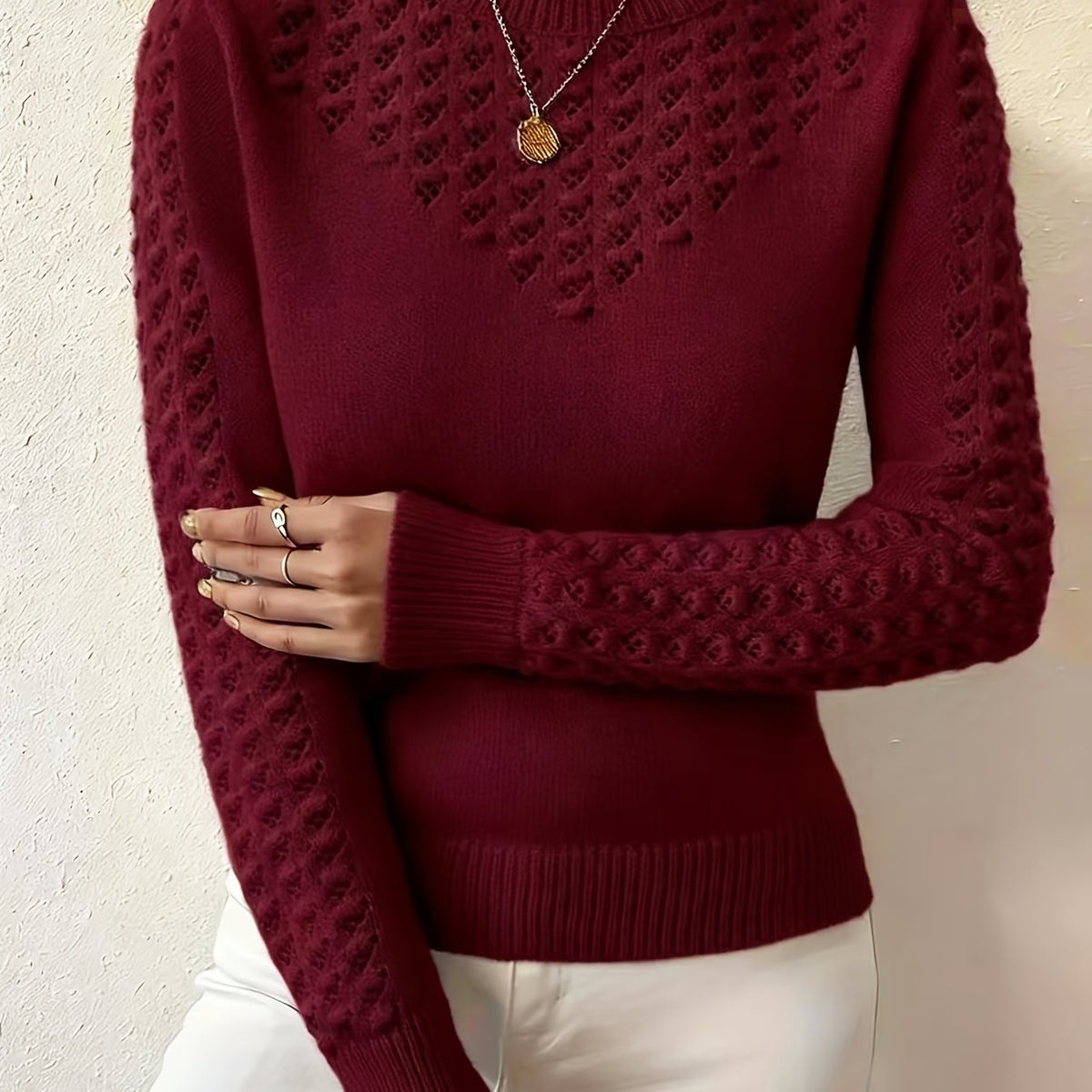 Women's Pointelle Crew Neck Sweater Long Sleeve Knit Casual Pullover