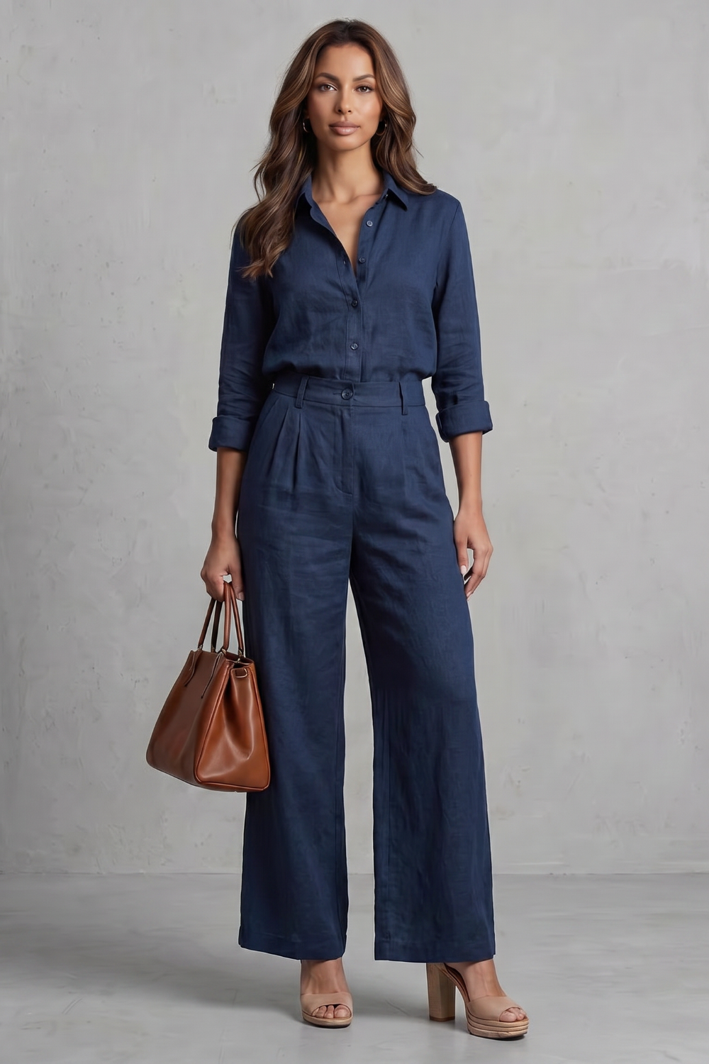 Women's Wide-Leg Co-Ord Set Linen Button-Up Shirt Cropped Pants Casual