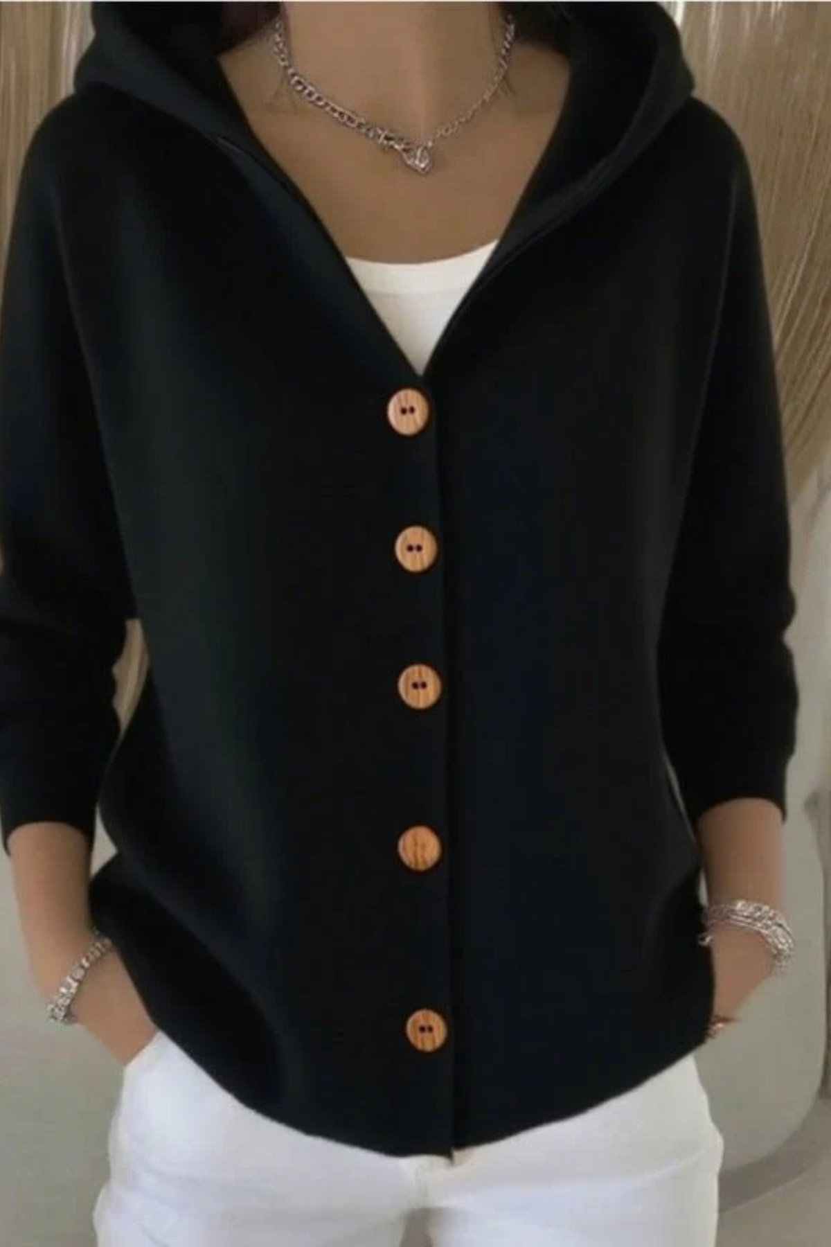 Women's Hooded Button-Front Cardigan Long Sleeve V-Neck Knit Everyday