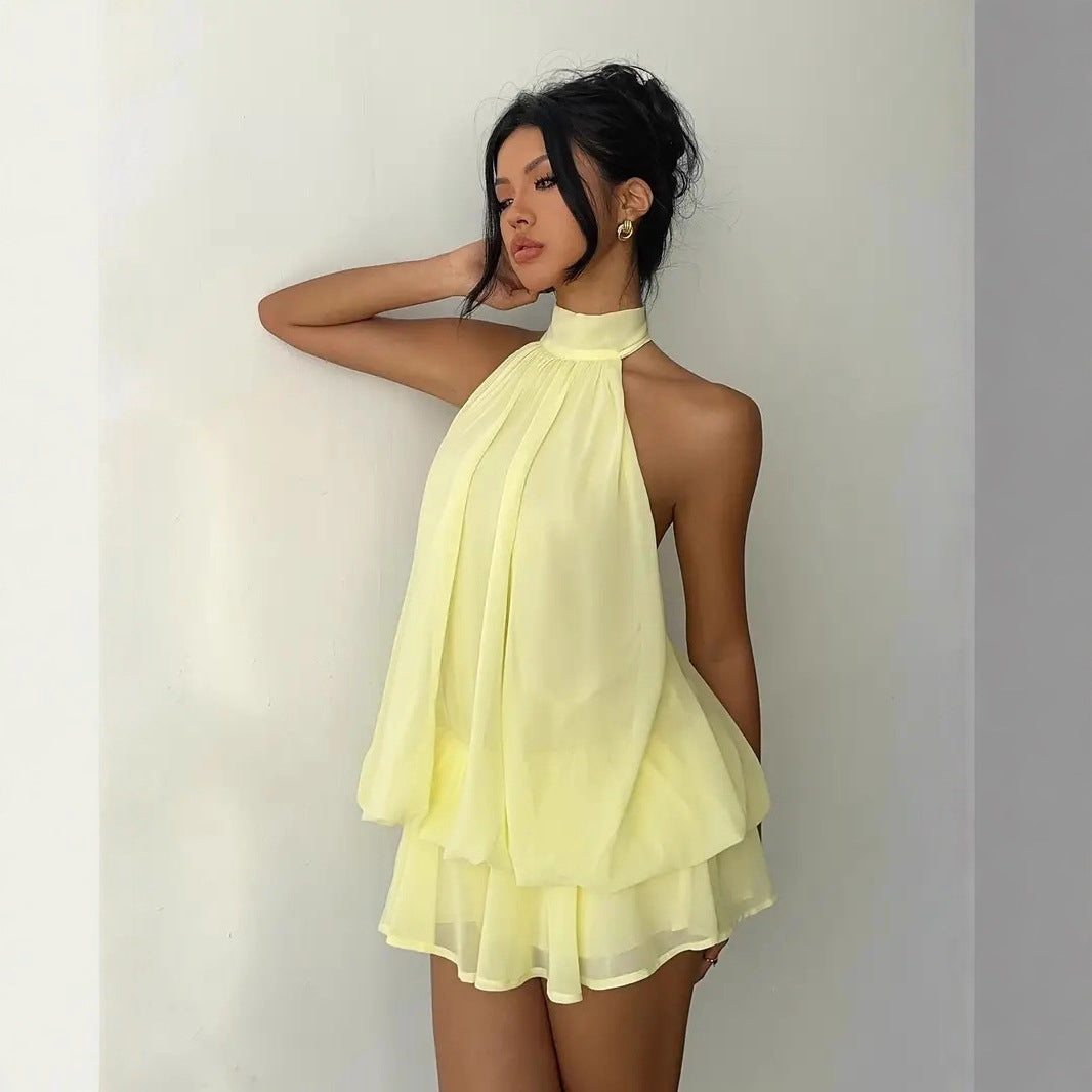 Women's Chiffon Mini Dress Halter Neck Tiered Ruffle Sleeveless Beach Casual