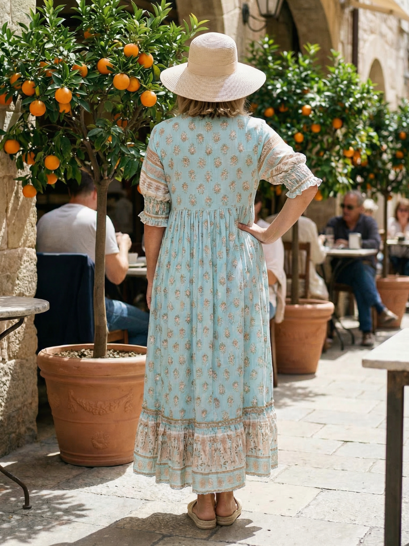 Women's Floral Maxi Dress V-Neck Short Sleeve Tiered Ruffle Hem Boho Beach