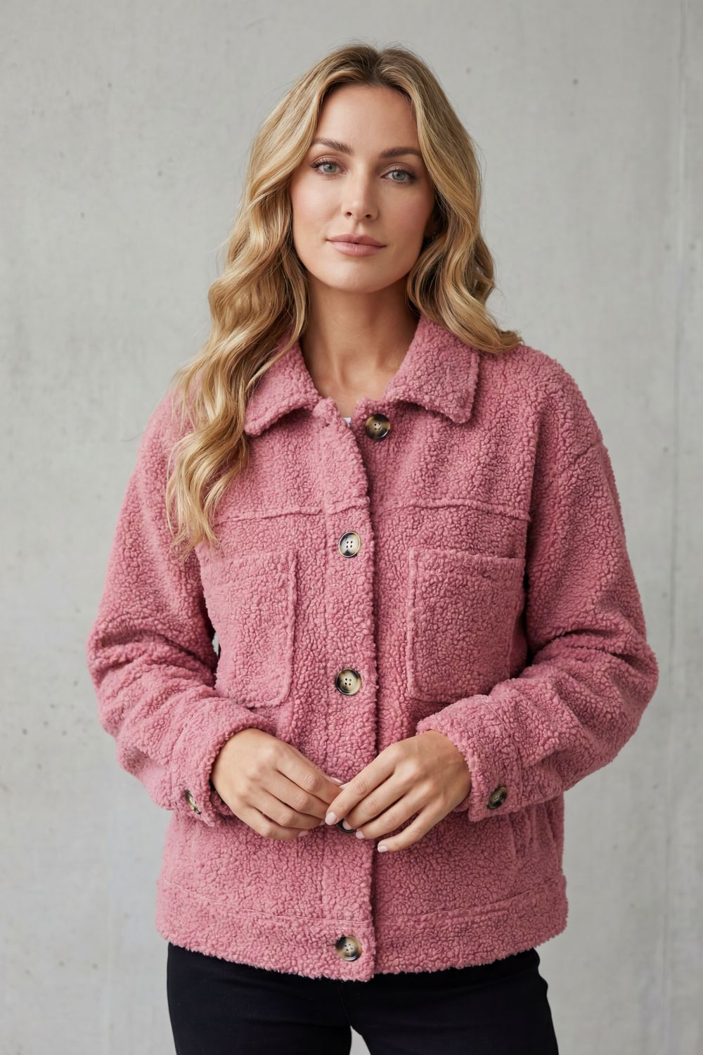 Women's Sherpa Fleece Jacket Button-Up Collared Long Sleeve Casual